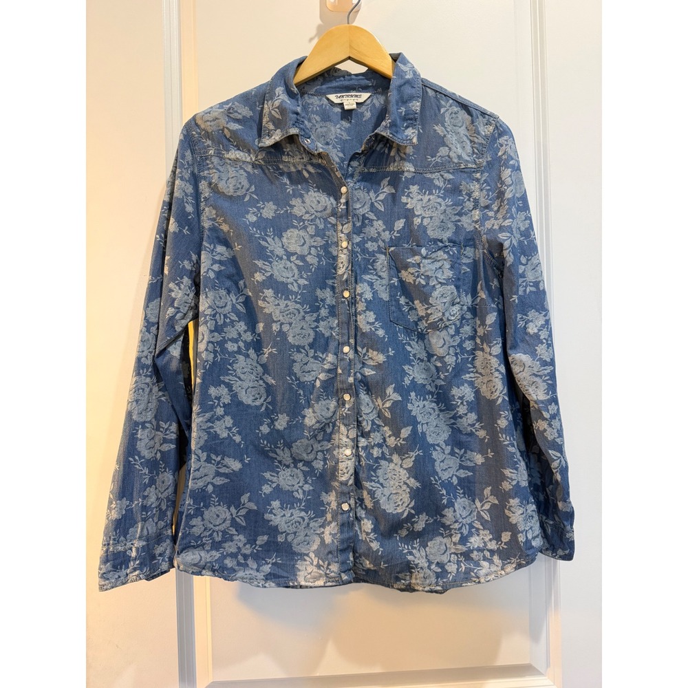 Tantrums Womens Blue Floral Chambray Button Down Shirt Cotton Long Sleeve Large
